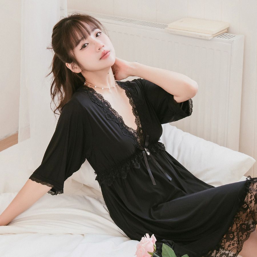 清雅晚香 柔滑萊卡深V連身睡衣(黑)