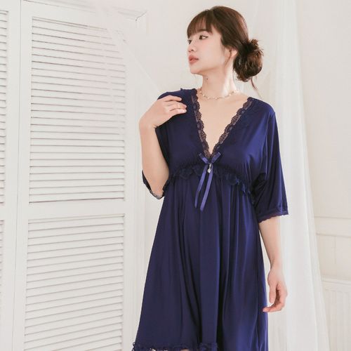 清雅晚香 柔滑萊卡深V連身睡衣(深藍)