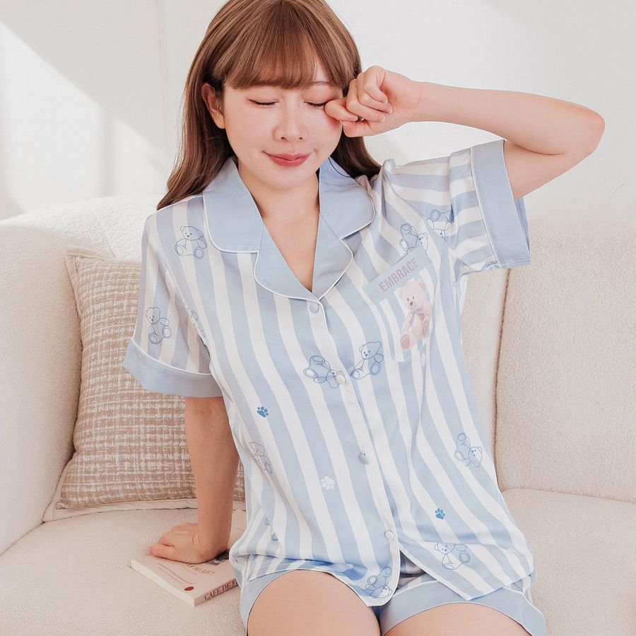 小熊布偶 緞面短袖+短褲睡衣套裝(藍)