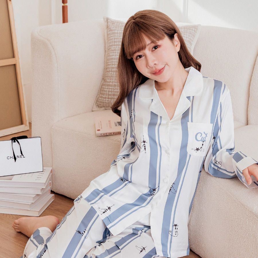 條紋舒適緞面長袖+長褲睡衣套裝 (藍)