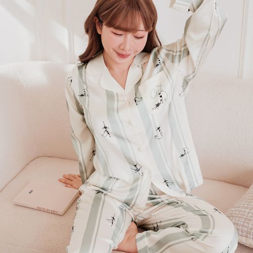 條紋舒適緞面長袖+長褲睡衣套裝 (綠)