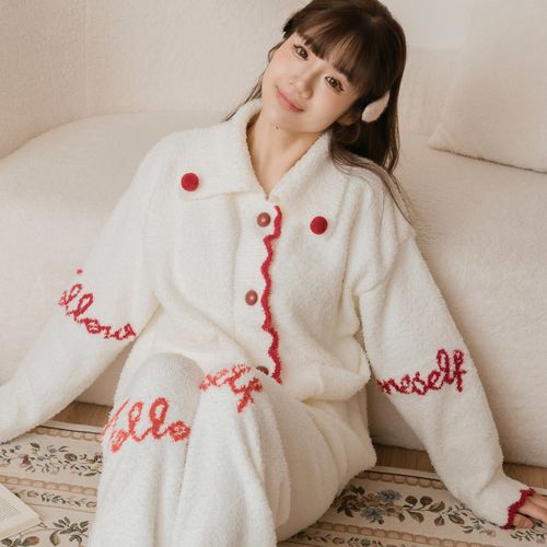 冬日童話屋 軟綿綿毛絨長袖+長褲睡衣居家服(白)