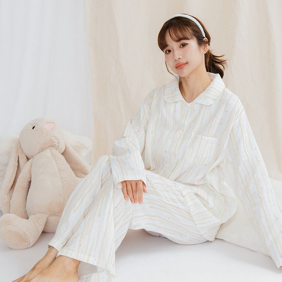 舒適二重紗純棉居家睡衣 長袖+長褲套裝(音符條紋)