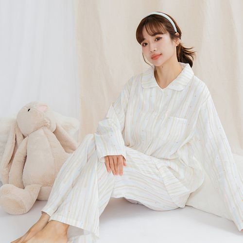 舒適二重紗純棉居家睡衣 長袖+長褲套裝(音符條紋)