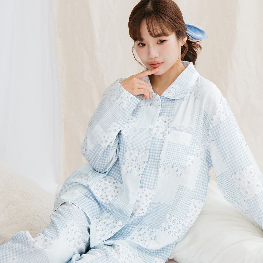 舒適二重紗純棉居家睡衣 長袖+長褲套裝(格紋碎花)