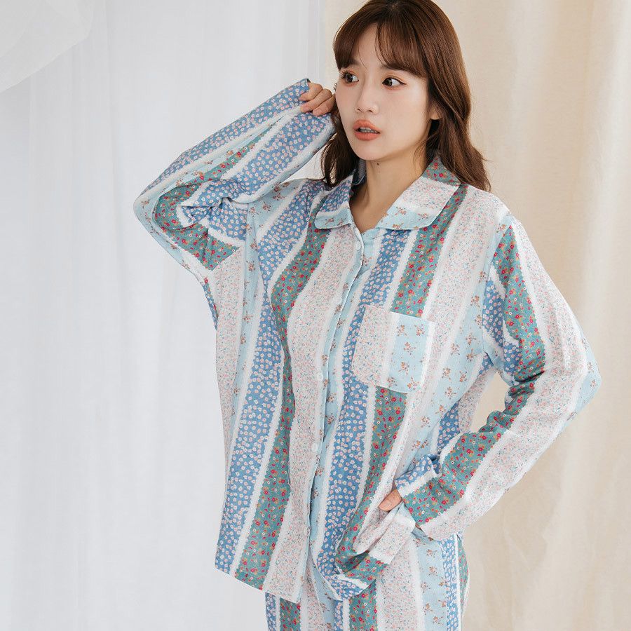 舒適二重紗純棉居家睡衣 長袖+長褲套裝(鄉村碎花)