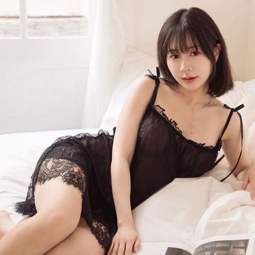 夏夜情思 蕾絲刺繡網紗平口細肩睡衣(黑)