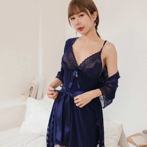 花畔漫舞 柔滑舒適罩衫睡衣二件組(深藍)